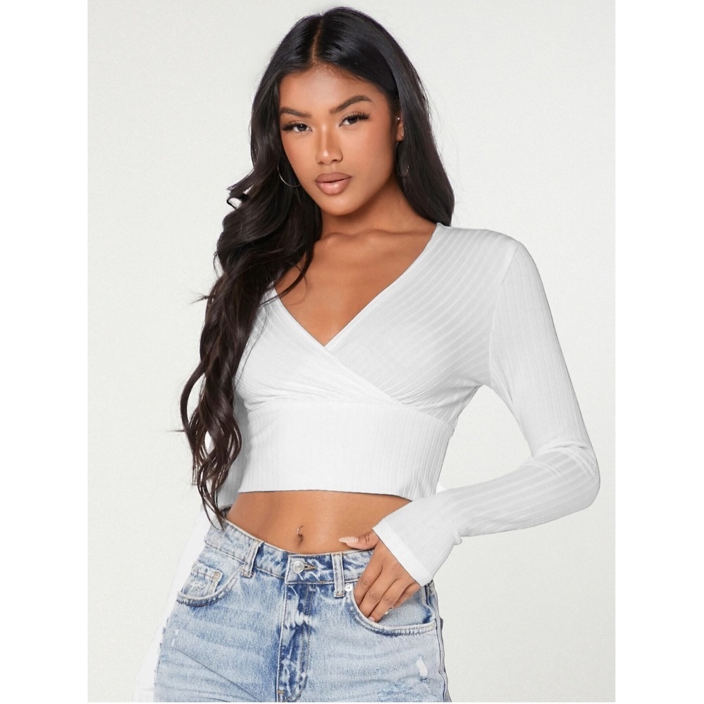 Deep V Neck Long Sleeve Rib-knit White Crop Top